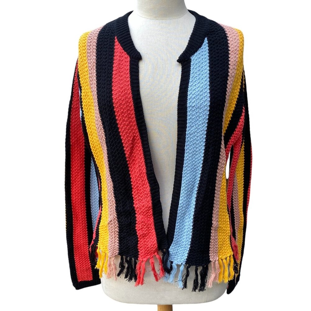 NWOT English Factory Rainbow Stripe Cardigan Fringe Retro Crochet Knit-L